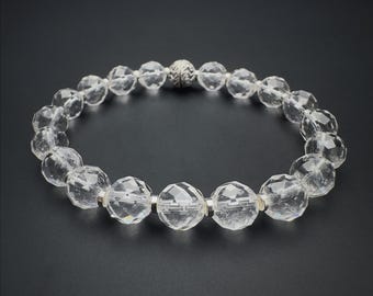 White Rock Quartz Beaded Bracelet: Womens Clear Quartz Jewelry | Stretch Cord | 925 Silver Spacers