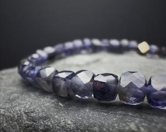 Dainty Iolite Beaded Bracelet: Natural violet-blue Gemstone Jewelry | 925 Sterling Silver Accent | Stackable Bracelet