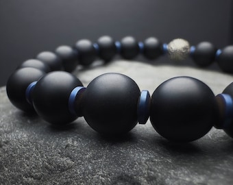Black Onyx and Blue Hematite Bracelet for Grounding and Protection, Mens Handmade Gemstone Jewelry
