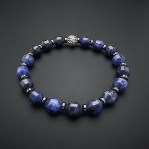 8mm Natural Sodalite Bracelet | Mens Womens Olive Sodalite & Hematite Beaded Bracelet | 925 Sterling Silver | Third-eye Chakra |