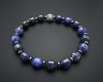 Sodalite & Hematite Bracelet: Natural Unique Blue Gemstone Bracelet, Crystals for Clarity and Grounding