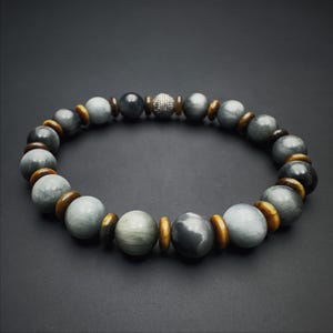 Hawk’s Eye & Yellow Tiger’s Eye Beaded Bracelet | 8mm Genuine Round Grey Gemstone Bracelet | Grey Hawks Eye Bracelet for Men and Women