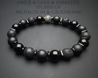 8mm Onyx, Lava & Hematite Bracelet – Mens Beaded Black Bracelet for Protection and Grounding