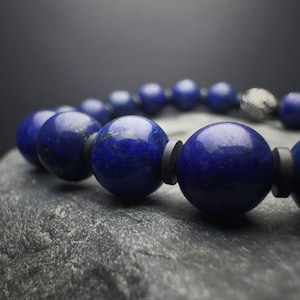 8mm Natural Lapis Lazuli Beaded Bracelet | Mens Womens Lapis Lazuli Gemstone Bracelet | Stretch Cord | 925 Sterling Silver |