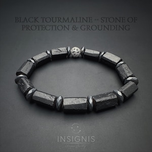 Raw Black Tourmaline & Hematite Bracelet – Men&#39;s Black Gemstone Jewelry, Crystal for Protection and Grounding