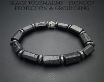 Rough Black Tourmaline & Hematite Beaded Bracelet | Mens Black Protection Bracelet Gift | Capricorn Gift | Mens Black Gemstone Bracelet |