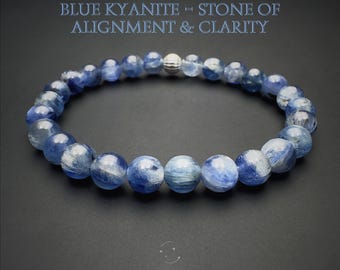 Blue Kyanite Bracelet 6mm, Natural Gemstone Bracelet for Communication, Clarity and Balance, Sterling Silver