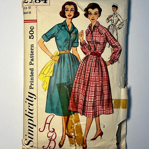 Bust 44, 1950s Shirt Dress, Simplicity 2184 Vintage Sewing Pattern