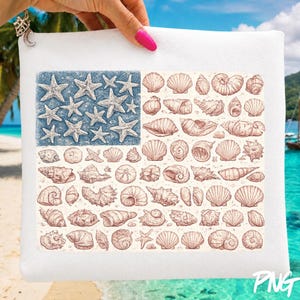 May include: A white rectangular zippered pouch featuring a graphic print of the American flag composed of various seashells and starfish. The blue field is made of blue starfish, while the stripes are formed by rows of brown seashells.
