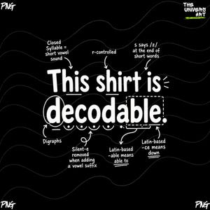 May include: A black graphic design featuring the white text This shirt is decodable. The design includes educational linguistic annotations with arrows pointing to specific letters and syllables, explaining phonics rules like closed syllables, r-controlled vowels, digraphs, and Latin-based suffixes.