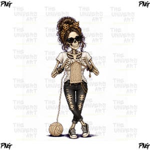 May include: A skeleton figure wearing a leopard print headband, black sunglasses, a white t-shirt, and distressed black jeans. The skeleton is knitting a beige piece of fabric with a ball of yarn on the floor. The text THE UNIVERSE ART is repeated.