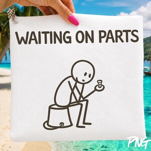 May include: A white zippered pouch featuring a dark brown line drawing of a stick figure sitting on a bucket while holding a small object. The text "WAITING ON PARTS" is printed in dark brown capital letters above the stick figure illustration.