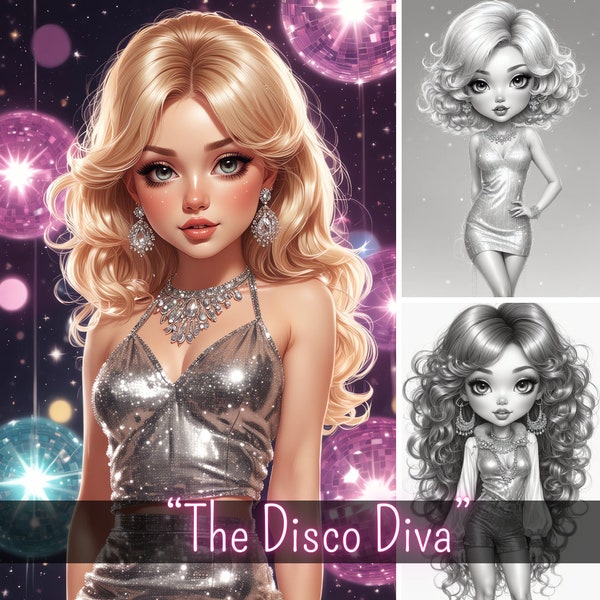 The Disco Diva | 16 Grayscale Coloring Pages | Cute Chibi Girls | 1970s Style | Beautiful Girls | Pretty Women | Instant PDF Download