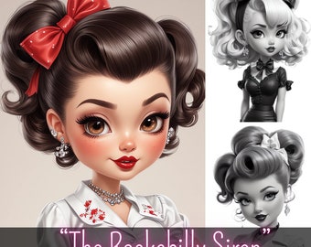 The Rockabilly Siren | 25 Grayscale Chibi Girls | Cute Girls | Chibi Manga Anime Kawaii | For Adults and Children | Beauties | Cuties | PDF