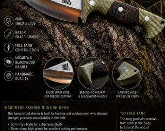 May include: A handmade skinner hunting knife with a 6mm thick blade, full tang construction, and a handle made of green micarta and blackwood. The knife features a razor-sharp edge, an ergonomic grip, and a lanyard hole at the end of the handle.