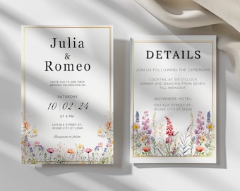 Wildflower Wedding Invitation Template Editable Printable Customizable with Canva, Wedding Invitation, Floral Invite for Your Special Day