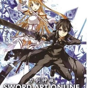May include: Sword Art Online anime DVD box set featuring Kirito and Asuna, the main characters, holding swords. The box set includes seasons 1-3, GGO, Alicization, 4 special episodes, 3 movies, and 20 OVA episodes.