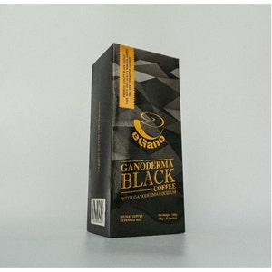 May include: A black box with gold lettering that reads "Ganoderma Black Coffee with Ganoderma Lucidum". The box has a geometric pattern and a cup of coffee with the word "eGano" on it.