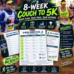 May include: An 8-week couch to 5K training program document featuring a weekly workout schedule, race day checklist, and progress tracker. The design includes green and white text, icons, and motivational phrases like Better Than Yesterday.