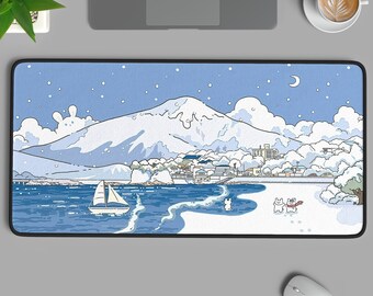 Winter Landscape Desk Mat with Serene Snowy Mountains and Cartoon Sailboat - Tranquil Blue and White XL Gaming Mouse Pad