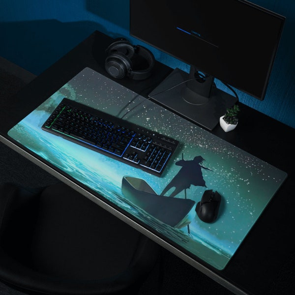 Celestial Boat Desk Mat, Nebula Neon Desk Mat, Nighttime Dark Blue Water Desk Mat, Starry Anime Desk Mat,Fantasy Manga Desk Mat,XL Mouse Pad