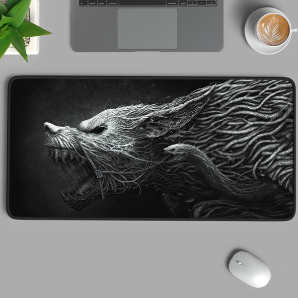 Werewolf Desk Mat, Dark Black Gray Desk Mat, Horror Desk Mat, Scary Wolf Desk Mat, Animal Desk Mat, Gothic Desk Mat, XL Gaming Mouse Pad