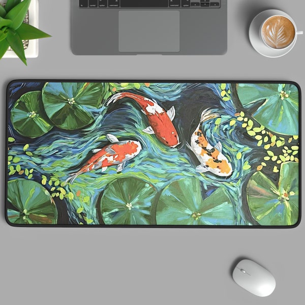 Koi Fish Desk Mat, Japanese Desk Mat, Green Desk Mat, Nature Desk Mat, Orange Fishes Desk Mat, Water Desk Mat, XL Home Decor Mouse Pad