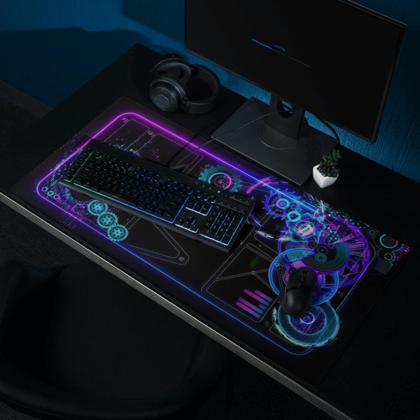 Abstract High Technology Desk Mat, Neon Led Desk Mat,Black Purple Desk Mat,Sci-Fi Futuristic Desk Mat,Cyberpunk Desk Mat,XL Gaming Mouse Pad