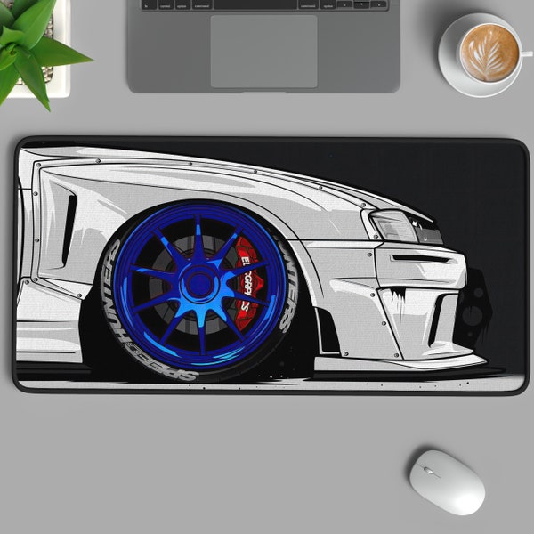 Vibrant Blue Stylized  White Car Desk Mat - Dynamic Design with Bold Red Accents, Sleek and Artistic Automotive Theme XL Gaming Mouse Pad