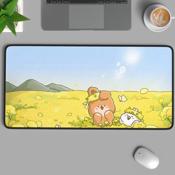 Kawaii Rabbits Desk Mat, Kakao Friends, Cute Cartoon Animal, Sunlight Sky Mountain, Yellow Summer, Nature Desk Mat, XL Gaming Mouse Pad