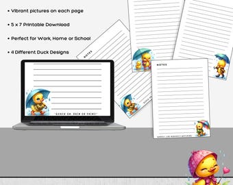 Könnte beinhalten: Digitales Notizbuchdesign mit einer gelben Ente unter einem Regenschirm. Das Notizbuch wird auf einem Laptop und auf losen Papierblättern angezeigt. Das Notizbuch hat linierte Seiten. Der Text "Printable Notepad" befindet sich unten im Bild.