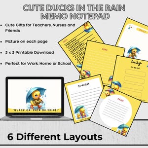 Printable Duck in the Rain Notepad, 3x3 Cute Memo Pad, Digital Download,Small Sticky Note, Gifts for Teachers,Nurses, Kawaii Stationery, PDF