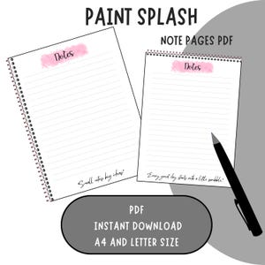 Puede incluir: Dos cuadernos con espiral con páginas rayadas y acentos de acuarela rosa. La palabra "Notes" está escrita encima de las líneas. Un bolígrafo negro descansa sobre el cuaderno derecho. El texto incluye "Paint Splash" y "Note Pages PDF".