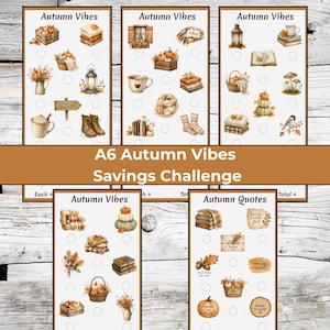Peut inclure: Un ensemble de trackers d'épargne A6 intitulés Autumn Vibes et Autumn Quotes. Les feuilles présentent des illustrations à l'aquarelle de citrouilles, lanternes, livres, pulls, tasses et feuillages d'automne, avec des cases à cocher circulaires.