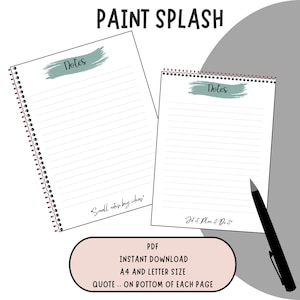 Puede incluir: Dos cuadernos con espiral con páginas rayadas, uno inclinado hacia el espectador. Cada cuaderno tiene una pincelada de pintura turquesa y la palabra "Notes" en la parte superior. La imagen incluye el texto "PAINT SPLASH" y "PDF INSTANT DOWNLOAD A4 AND LETTER SIZE QUOTE.. ON BOTTOM OF EACH PAGE."