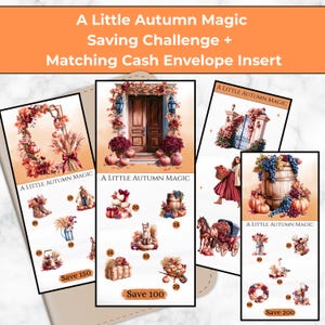 May include: A set of four vertical paper inserts titled A Little Autumn Magic, featuring illustrations of pumpkins, autumn foliage, a fox, a horse-drawn carriage, and a wooden barrel. Each insert includes small circular icons with numbers for savings.