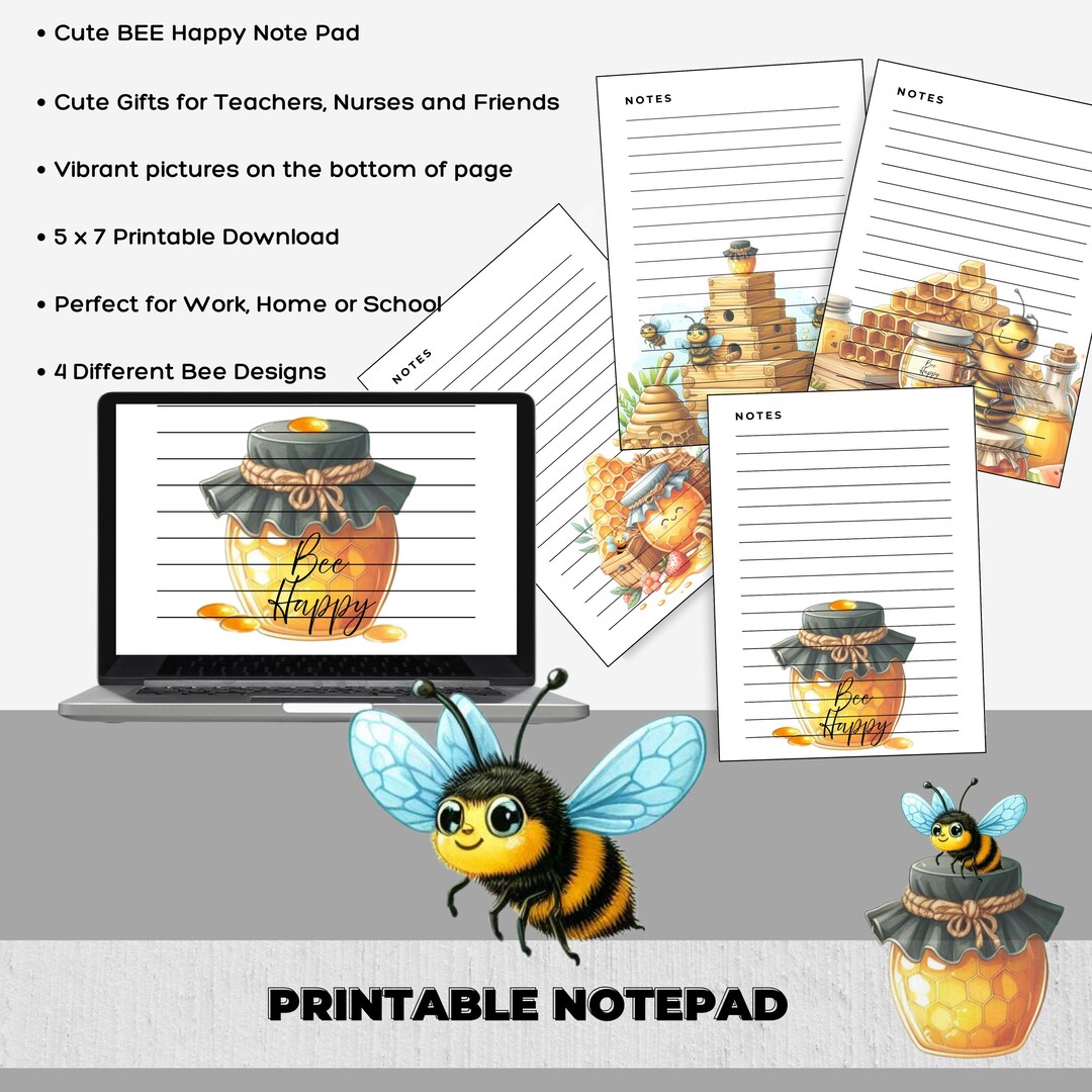 Bee Happy Notepad Printable: 5x7 Memo Pad (digital Download) - Etsy