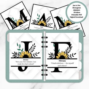 May include: Printable planner dividers digital download. Each divider has a large black letter with a sunflower and greenery design. The months January, February, March, April, and May are visible. Text includes "Jan to Dec Monogram Alphabet Dividers Printable PDF Digital Download."