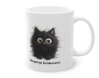 Stimmungs-Tasse Katze Neugier "Neugierige Entdeckerin" I Lustige Tee Kaffee Becher mit Spruch I Originelles Geschenk für Katzenliebhaber