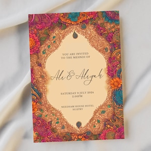 Mehndi Dolkhi Digitale Einladung Bearbeitbare Vorlage mit lebendigen Farben und traditionellem Design, digitaler Download