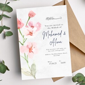Digital Islamic Wedding / Nikkah / Walimah Invitation, Muslim Wedding Invite, Personalised Customisable Floral Pink Digital Download