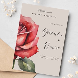 Digital Islamic Wedding / Nikkah / Walimah Invitation, Muslim Wedding Invite, Personalised Customisable Floral Red Digital Download