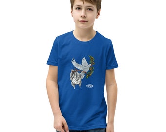 YOUTH sized Palestinian freedom dove, Kuffiyeh and olive branches t-shirt