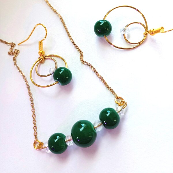 Elegant, Geometric Green and Gold Glass Pendant Necklace and Double Hoop Earrings Set