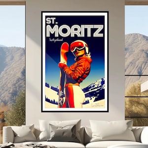 Arte de viaje de St. Moritz: póster vintage artesanal para un diseño de interiores moderno - Recuerdo de esquí suizo