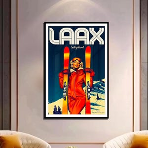Póster de recuerdo de esquí vintage de Laax, Suiza, para un diseño interior moderno, regalo de boda o cumpleaños - Amante de la montaña