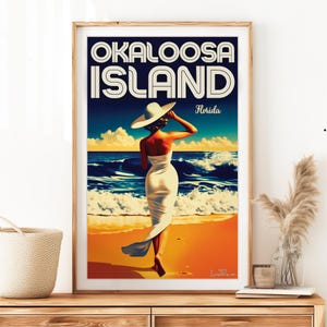 Okaloosa Island, Florida – Arte di viaggio costiera – Poster vintage fatto a mano per un design d'interni moderno – Souvenir della spiaggia della Florida