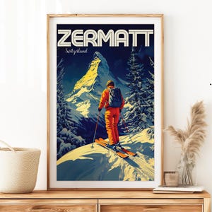 Arte de viaje a Zermatt: póster vintage artesanal para un diseño de interiores moderno - Recuerdo de esquí suizo