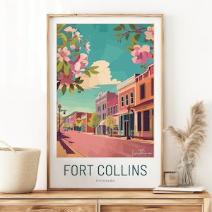 Poster ricordo della città di montagna del Colorado, stampa artistica della città vecchia di Fort Collins, regalo perfetto per un matrimonio o un compleanno