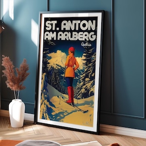 St Anton Am Arlberg - Arte de viaje - Póster vintage hecho a mano para un diseño de interiores moderno - Recuerdo de esquí de Austria